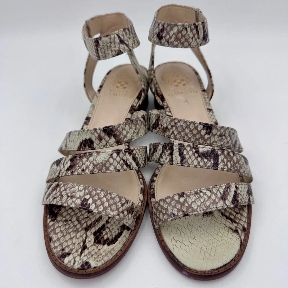 Vince‎ Camuto Womens Leather Snakeskin Print Strappy Sandals Tan Brown 8M | 38.5